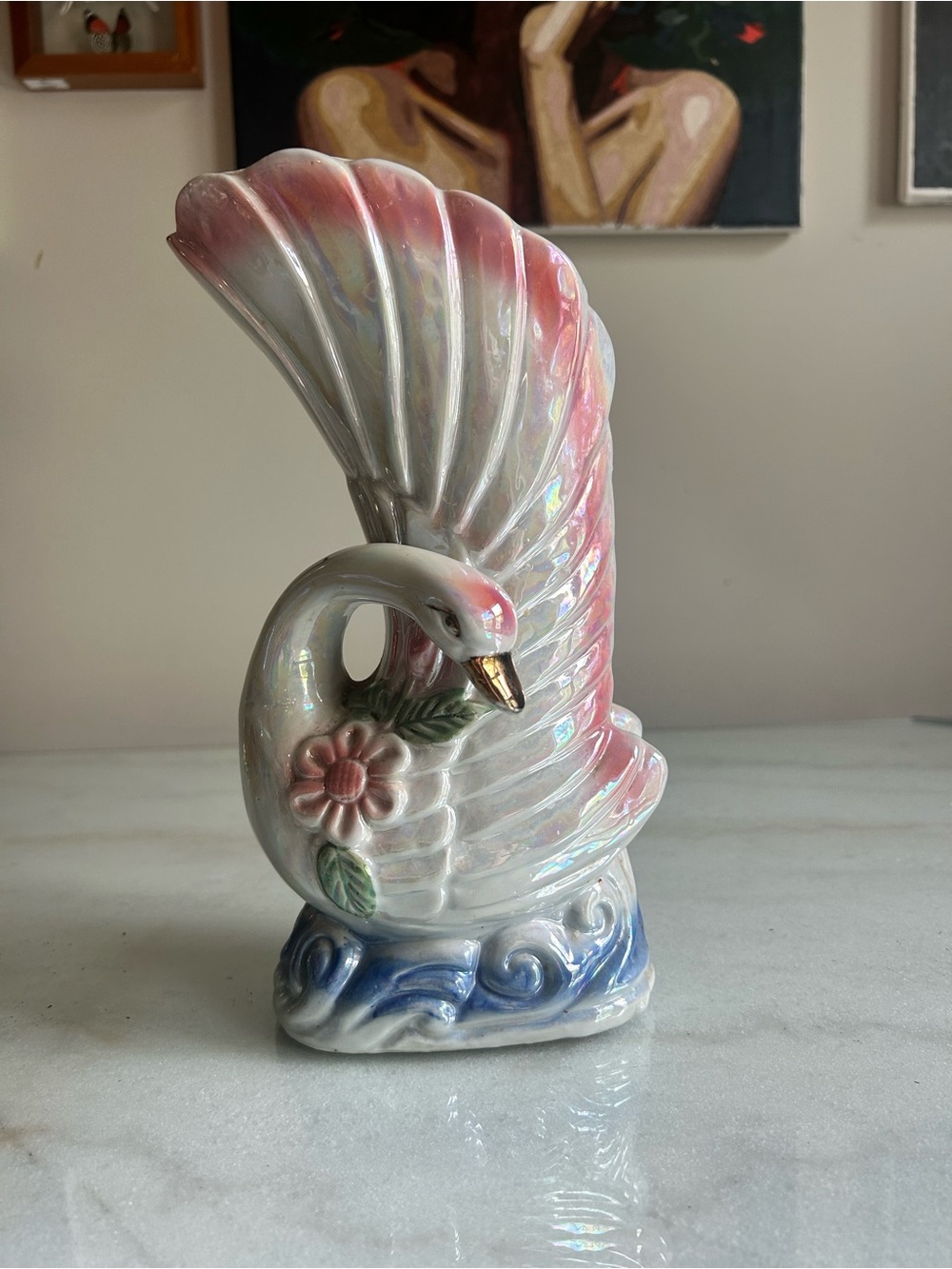 Vintage Iridescent Swan Vase / Planter – Pink Blue Lusterware – 10”